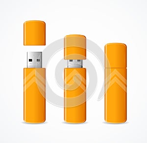 Realistic 3d Detailed Yellow USB Flash Drive Set. Vector