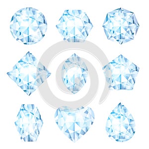 Realistic 3d diamonds set isolated on white background. Jewels or brilliants collection. Glossy glass stones. Gems for game icon