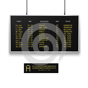 Realistic 3d digital led airport board with flight schedule.