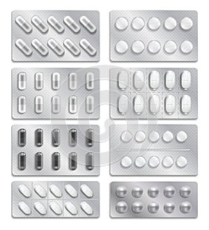 Realistic 3d drugs packaging, painkiller pills vector set