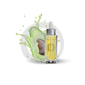 Realistic 3d essential oil cosmetics bottle. Mock up bottle, vial, container, flask, falcon with avocado splash