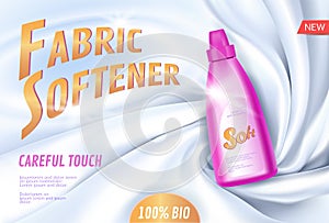 Realistic 3D fabric softener bleach package white silk textile. Product package mockup shiny cotton promotional ad