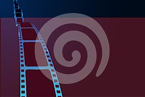 Realistic 3d Film reel stripe cinema on blue background with place for text. Modern 3d realistic film strip. Vector cinema