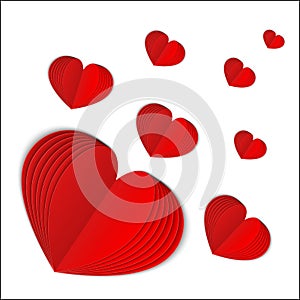 Realistic 3d folded paper hearts. Flying red hearts isolated on white. Symbol of love for Valentine s day greeting card. Vector