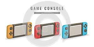 Realistic 3d game console in cartoon style. Pocket device for video games. Vector illustration