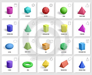 Realistic 3d geometric shapes. Basic geometry prism, cube, cylinder figures, geometric polygon and hexagon shapes vector