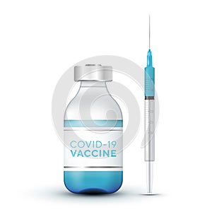 Realistic 3D glass ampoules and syringe. Vaccine injection Coronavirus Covid-19, novel coronavirus. Medical background