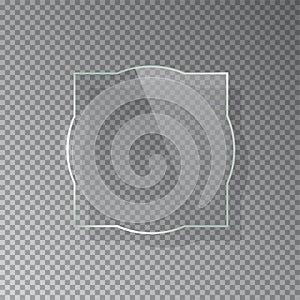 Realistic 3d glass frame isolated on grey transparent background. Creative border plate object. Vector blank framework.