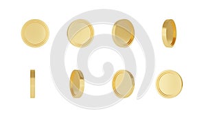 Realistic 3D gold coins spin 360 different rotation angle flip turn around collection.