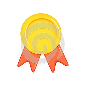 Realistic 3d gold medal with red ribbon. Vector