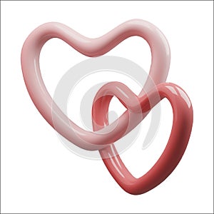 Realistic 3D hearts fastened together. Happy symbol of Valentine`s Day, object of romantic love