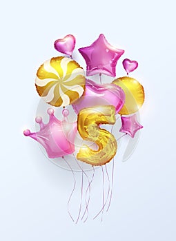 Realistic 3D holiday foil balloons . Five years anniversary . A set of balloons for a girl with a heart, crown, and stars. Gold
