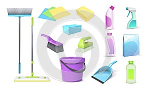 Realistic 3d home cleaning tools, brooms, mop and bucket. Household cleanup and dish washing chemical products, rags and