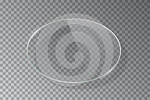 Realistic 3d horizontal ellipse glass frame isolated on grey transparent background. Creative border plate object. Round