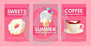 Realistic 3D Ice Cream Flyers Set with Coffee Cup. Fruit, Creamy and Chocolate. Trendy Sweets. Gelato Advertising