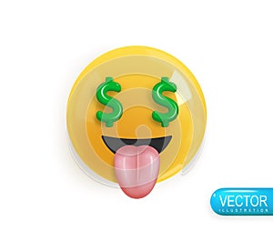 Realistic 3d Icon. Emoji face. Render of yellow glossy color emoji in plastic cartoon style