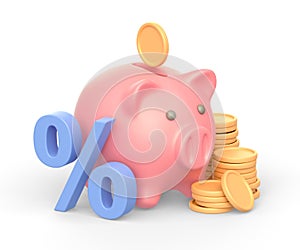 Realistic 3d icon of piggy bank, golden coins and percent sign