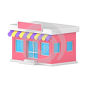 Realistic 3d icon pink grocery awning store building facade front side view isometric vector