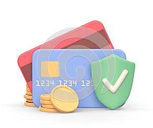 Realistic 3d icon of two credit or debit cards and shield