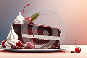 Realistic 3d illustration of chocolate cake with whipped cream and cherries.