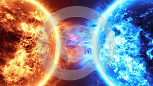 Realistic 3d illustration Fire Planet Vs Frozen Planet. Sun surface with solar flares against Frozen planet isolated on black