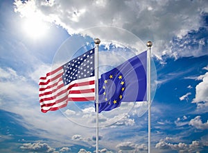 Realistic 3D Illustration. USA and European Union. Waving flags of America and European Union