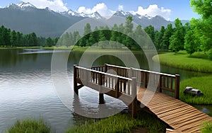 Realistic 3D illustration wooden bridge in nature landscape environment for background