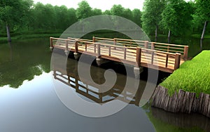 Realistic 3D illustration wooden bridge in nature landscape environment for background