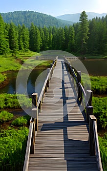 Realistic 3D illustration wooden bridge in nature landscape environment for background