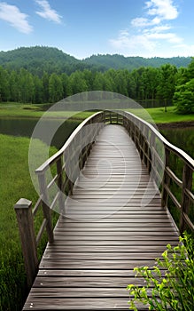 Realistic 3D illustration wooden bridge in nature landscape environment for background