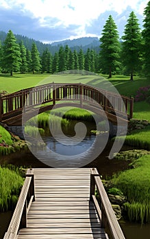 Realistic 3D illustration wooden bridge in nature landscape environment for background