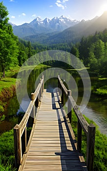 Realistic 3D illustration wooden bridge in nature landscape environment for background