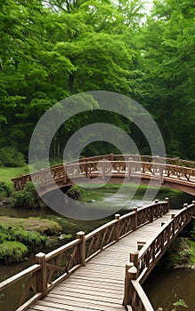 Realistic 3D illustration wooden bridge in nature landscape environment for background