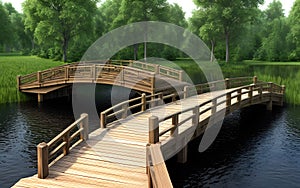 Realistic 3D illustration wooden bridge in nature landscape environment for background