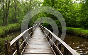 Realistic 3D illustration wooden bridge in nature landscape environment for background