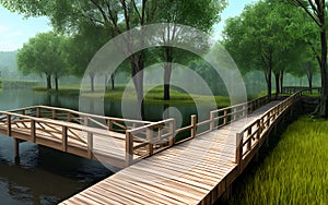 Realistic 3D illustration wooden bridge in nature landscape environment for background