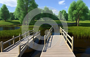 Realistic 3D illustration wooden bridge in nature landscape environment for background