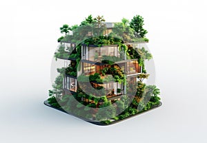 Realistic 3d image of a Multi-story plant covered building, surrounded by lots of plants Ai generated
