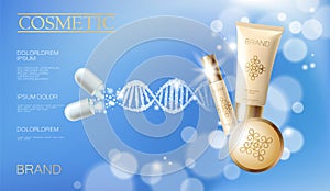 Realistic 3D innovation cosmetic DNA helix golden package makeup face care blue sky glowing blur drug capsule medicine