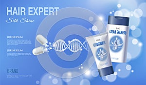 Realistic 3D innovation cosmetic DNA helix light hair care shampoo conditioner blue sky glowing blur medicine center