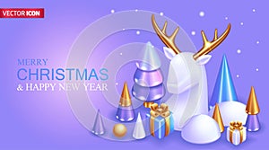 Realistic 3D Isometric illustration. Beautiful Christmas card with New Year decorations. Christmas trees, gifts and a