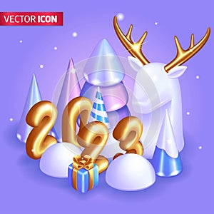 Realistic 3D Isometric illustration. Beautiful Christmas and New Year decorations. Christmas trees, gifts and a white