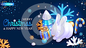 Realistic 3D Isometric illustration. Christmas card with New Year decorations. Wonderful greeting card with a cute hare