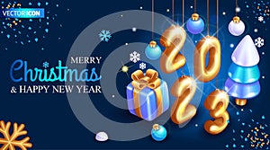 Realistic 3D Isometric illustration. Christmas card with New Year decorations. Wonderful greeting card with golden