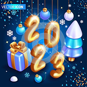 Realistic 3D Isometric illustration. Christmas card with New Year decorations. Wonderful illustration with golden