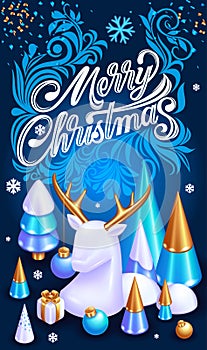 Realistic 3D Isometric illustration. Christmas cards, flyers, certificates, tags, posters. Christmas trees, gifts and a