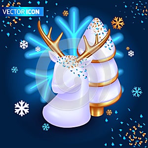 Realistic 3D isometric illustration. Christmas with Christmas decorations for postcards. Figure of a white deer on the