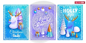 Realistic 3D Isometric illustration. Christmas set of backgrounds, greeting cards, web posters, holiday covers