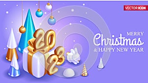 Realistic 3D Isometric illustration. Happy New Year 2023. Realistic Gold Metal Number gift box. Christmas poster, banner