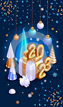 Realistic 3D Isometric illustration. Happy New Year 2023. Realistic Gold Number gift box. Christmas cards, flyers